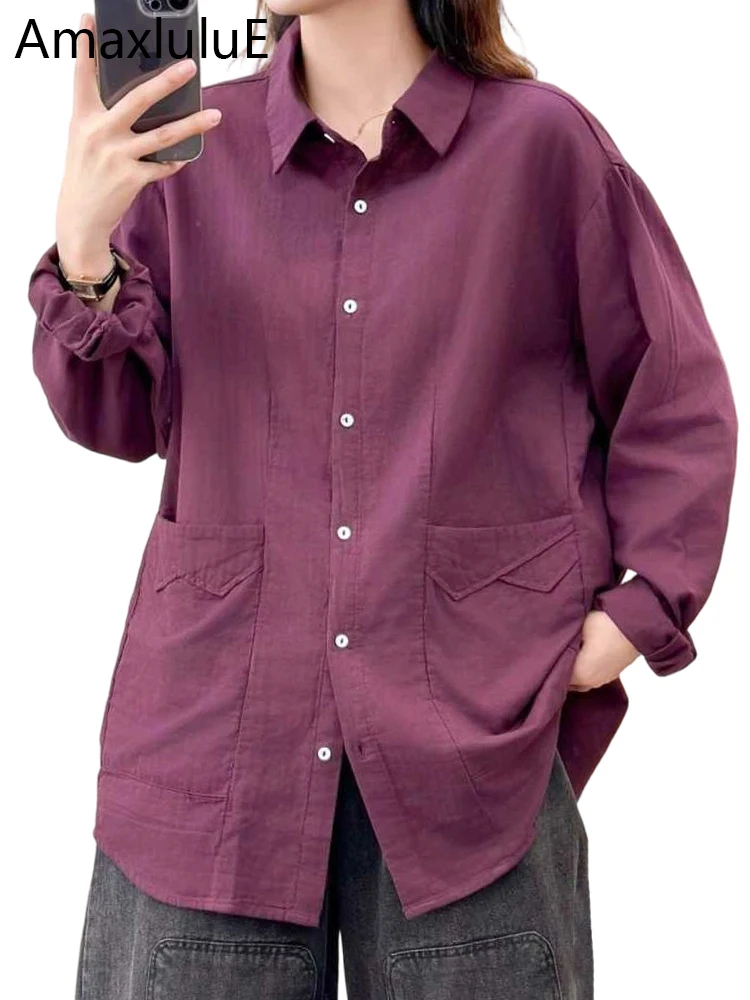 

Amax LuluE 2026, корейская одежда, женские свободные однотонные рубашки, модные повседневные топы с длинными рукавами, женские классические винтажные хлопковые блузки