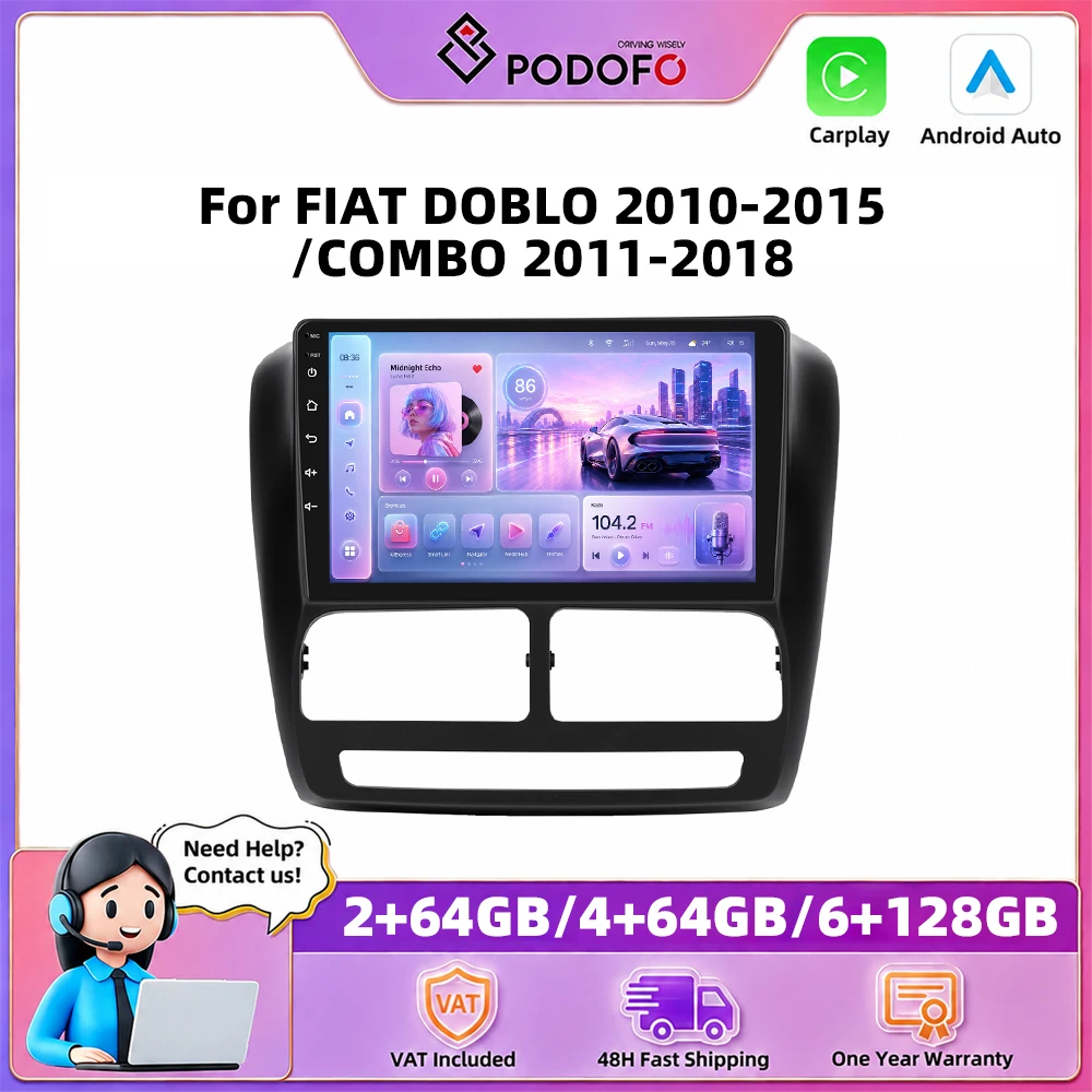Autoradio Podofo 9 pouces pour FIAT DOBLO 2010-2015/COMBO 2011-2018, Carplay sans fil, Android Auto, systèmes de voiture intelligents, navigation GPS, lecteur multimédia, MirrorLink, BT, WIFI, unité principale