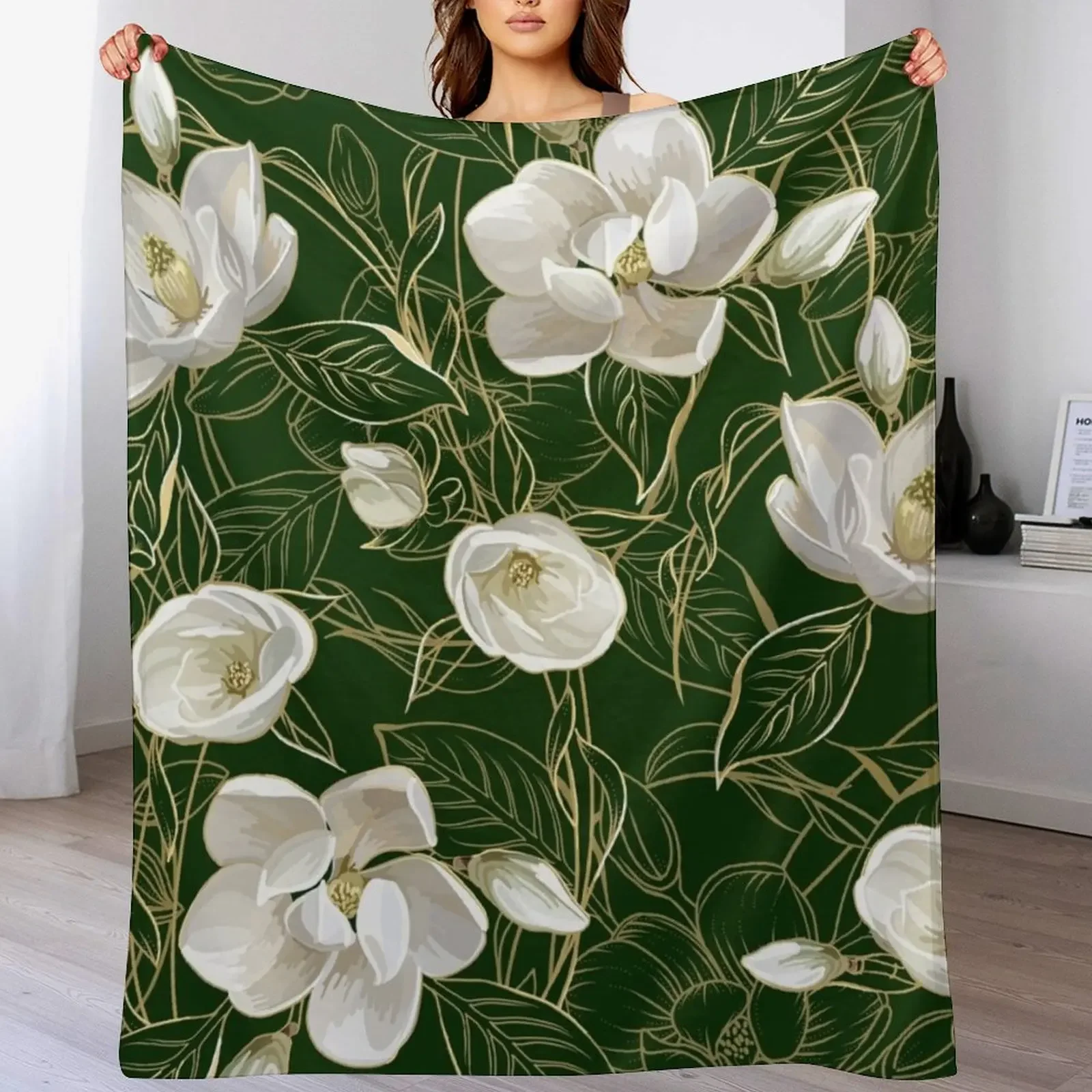 Modern Southern Magnolia Pattern on Deep Green Throw Blanket Sofa Thin Blankets