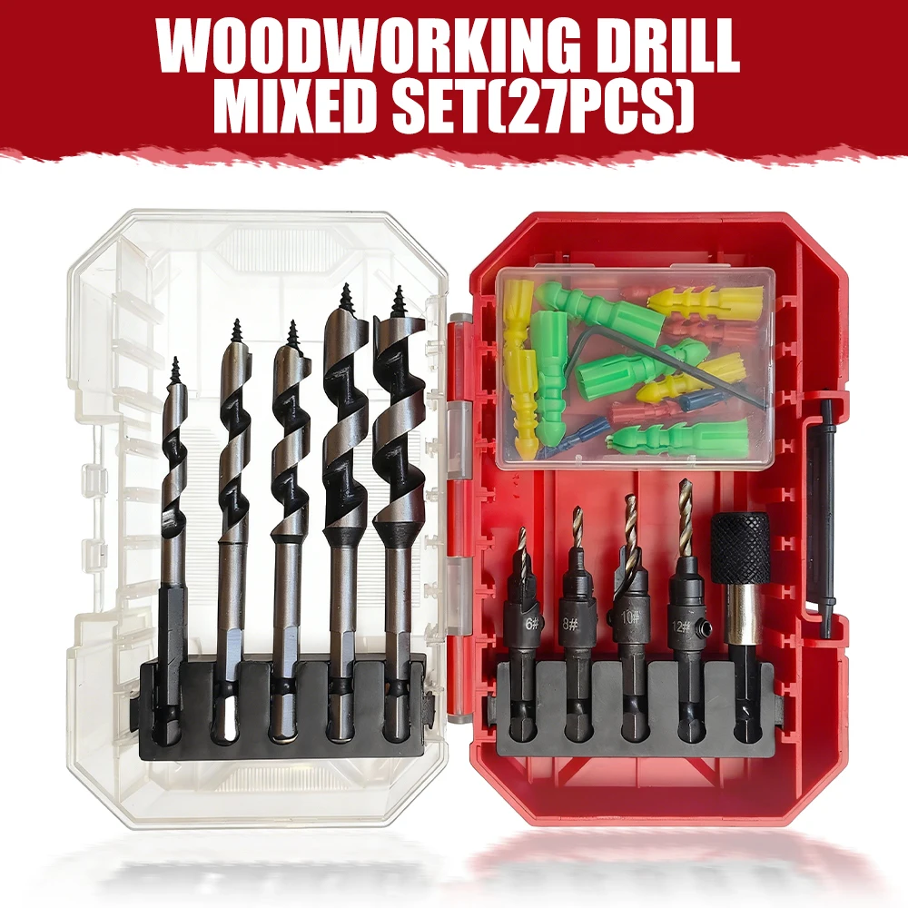 

27PCS Three-Point Woodworking Drill Bit Set, Hex Shank High Hardness Auger Bits, Multi-Function Drill with Adapter Kit