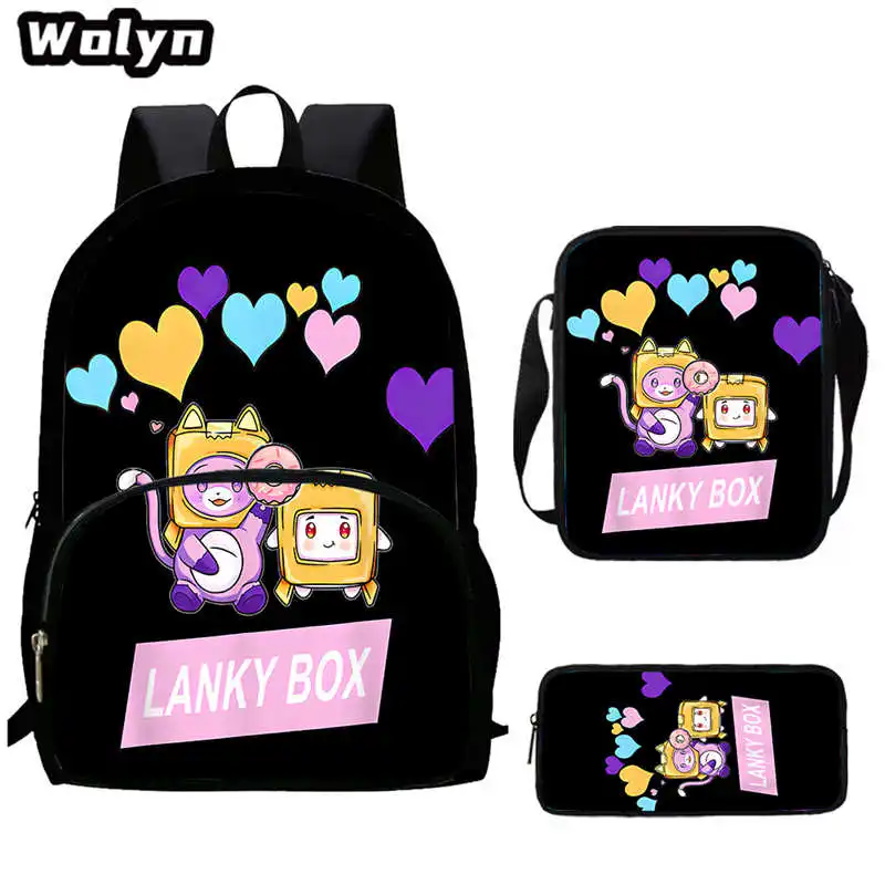 Lankybox imprime mochila escolar com bolsa de ombro, lápis caso por Grade1-4 anos, sacos de desenhos animados para alunos, 3pcs set