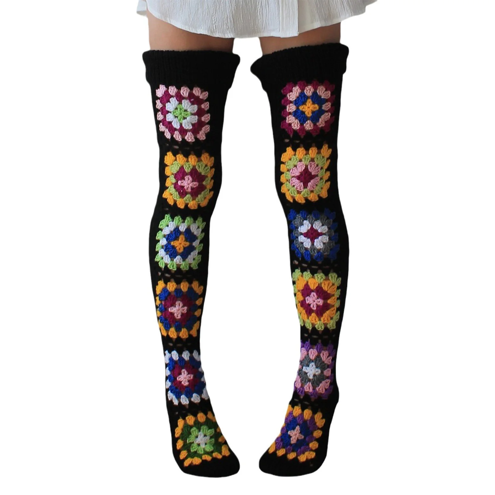 Gestrickte Overknee-Socken, modische Strümpfe mit buntem Blumen-Design für den täglichen Gebrauch, Party, Cosplay