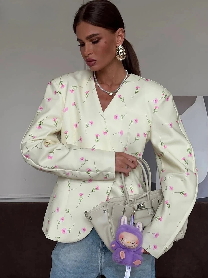 

Весенняя повседневная универсальная женская куртка с V-образным вырезом и длинными рукавами, элегантный классический стиль, модная женская куртка свободного кроя с цветочным принтом