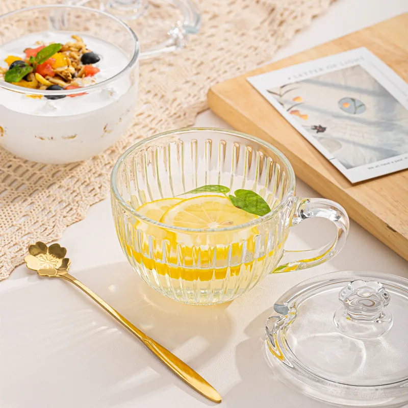 Heat-resistant Glass Cup with Lid and Spoon,Large Capacity,Office Bubble Tea,Oatmeal Coffee, Breakfast Milk Cup, Lead-free Craft