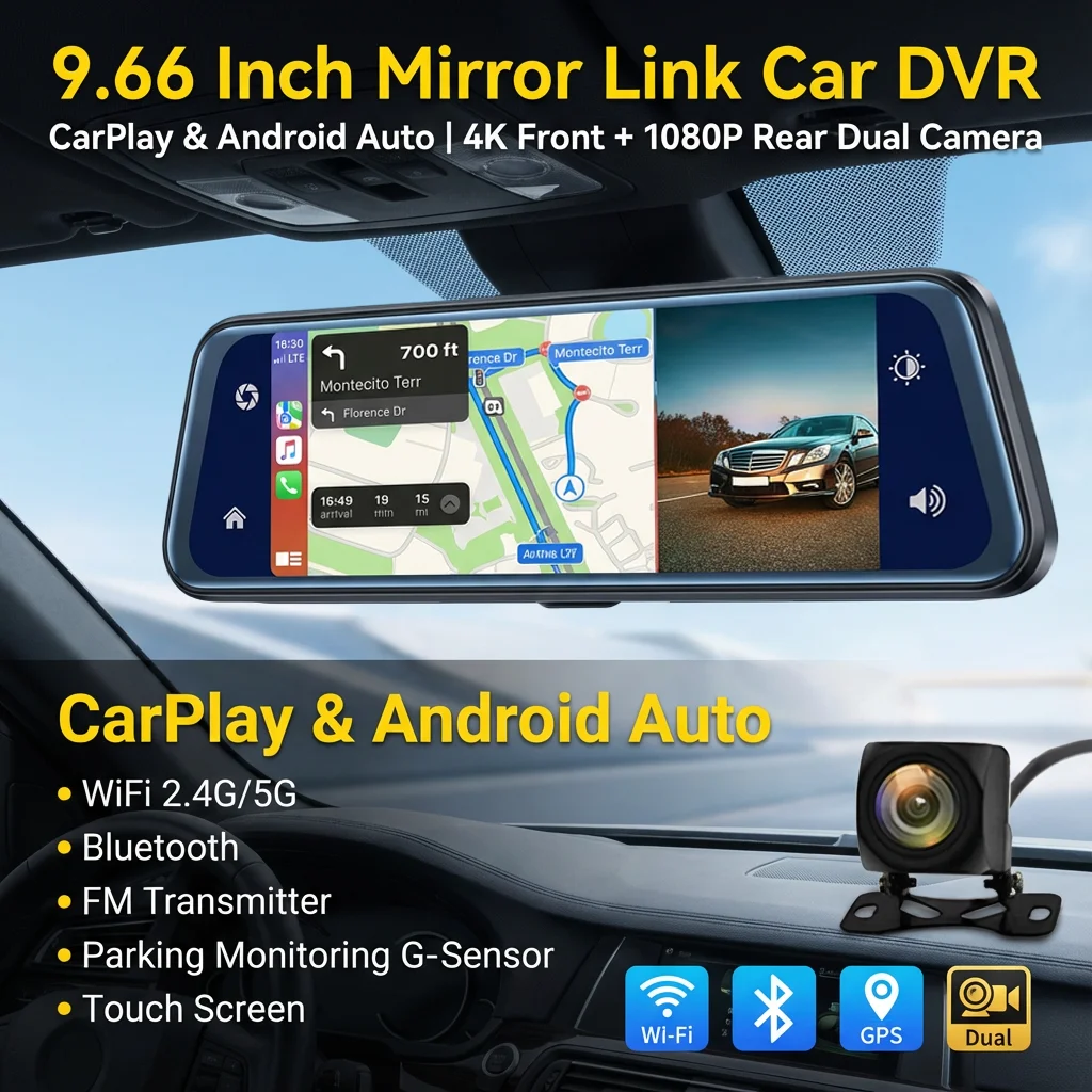 

Видеорегистратор 4K с функцией Mirror Link, беспроводным CarPlay и Android Auto, GPS, ночным видением, циклической записью, 5G WiFi и режимом парковки