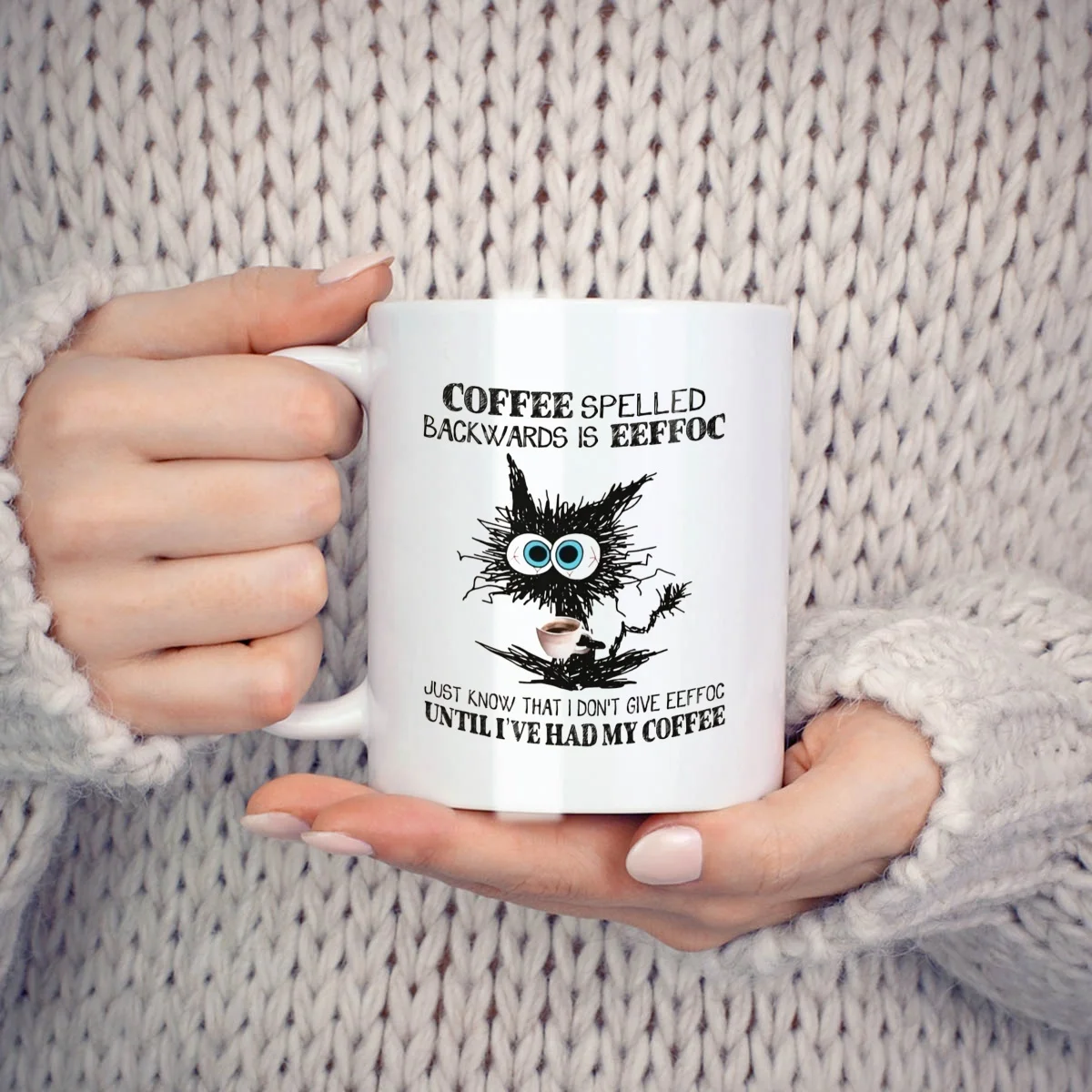 Cat Eeffoc Inverted Coffee Mug, Novelty Gift, Ceramic Teacup Coffee Mug, White, 11 oz