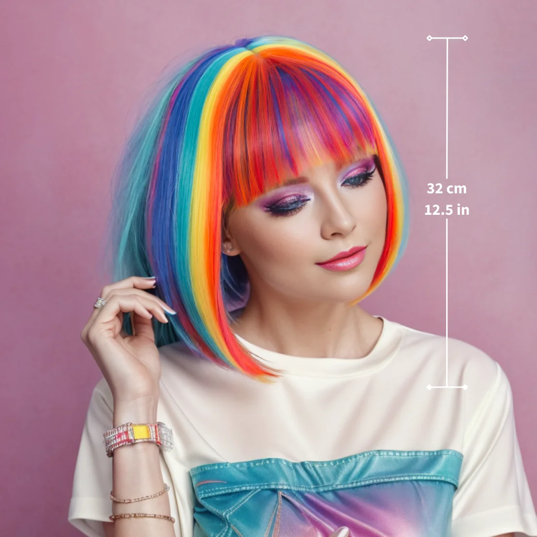 Mehrfarbige Regenbogen-Perücke, kurze Bob-Perücke mit Pony, lockige gewellte synthetische Cosplay-Perücke für Frauen und Mädchen