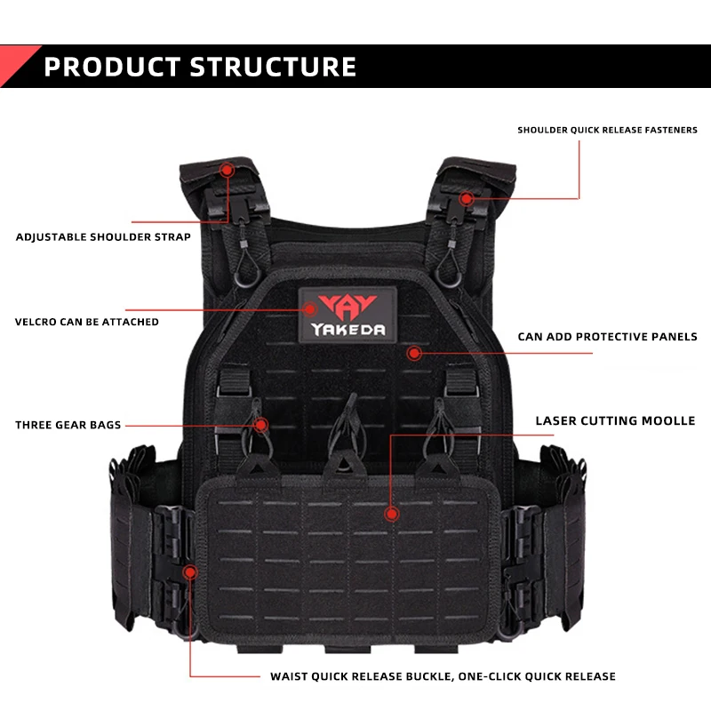 Kamizelka taktyczna YAKEDA 6094, szybkie, odpinane światło, wycinane laserowo, czarna kamizelka myśliwska na zewnątrz, wysokiej jakości