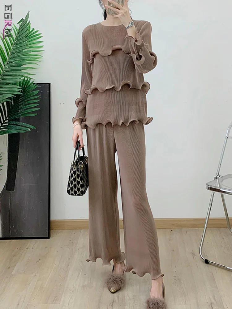 EGRM Pleated 2 Piece Set Tierred Ruffles Edge Design Long Sleeved Top&Straight Leg Pants Women's Clothing 2024 Autumn New 2ER091