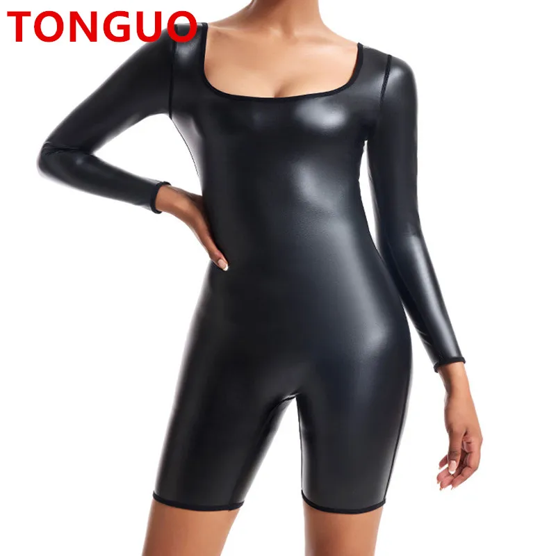 TONGGUO Women Bodysuits Faux Leather Jumpsuit Sporty Shapers Raises Butt Girls Gym Set One Piece Sport Suit Yoga Fitness Teddies