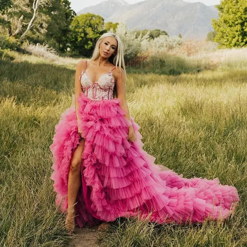 Pretty Lush Pink Gowns For Photo Shoot Applique Long Train Extra Puffy Ruffled Bridal Dresses Layered Lace Up Back Tulle