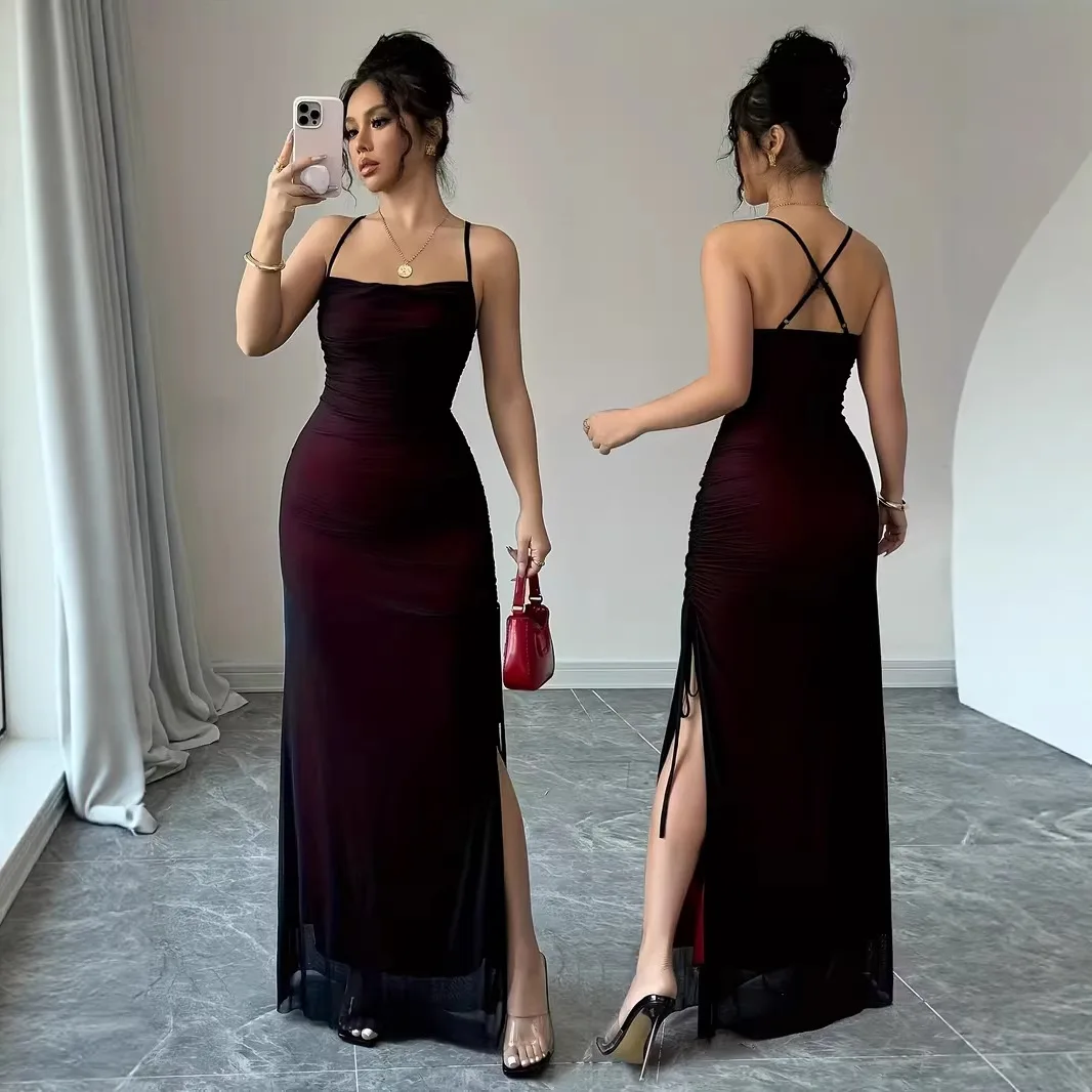 

Sexy Party Dresses for Women Mesh Slim Fit Slit Evening Dress Solid Color Summer Dress Club Gowns Fashion Women Clothing