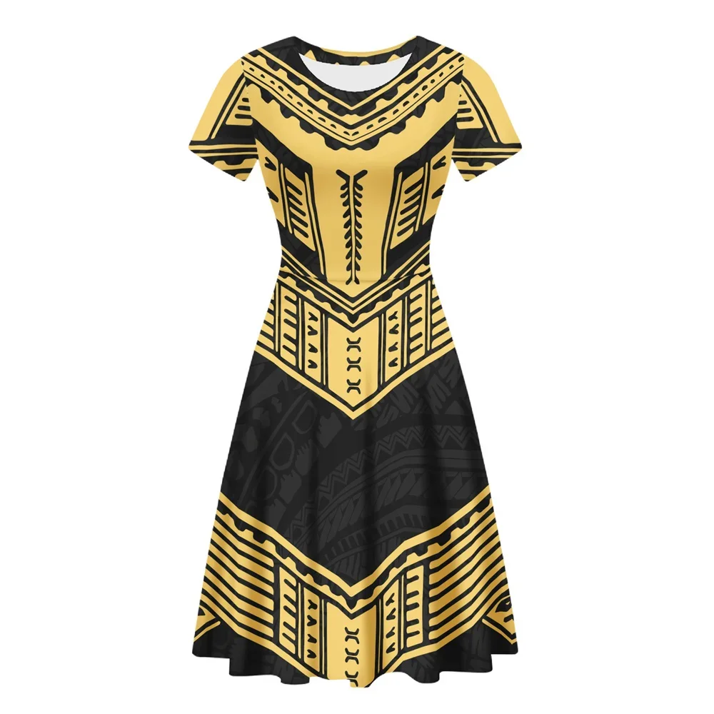 Fashion Summer Casual Women Dresses 2023 Black Golden Polynesian Tribal  Clothing Samoa Fiji Tapa Print O Neck Office Ladies - AliExpress 200000343