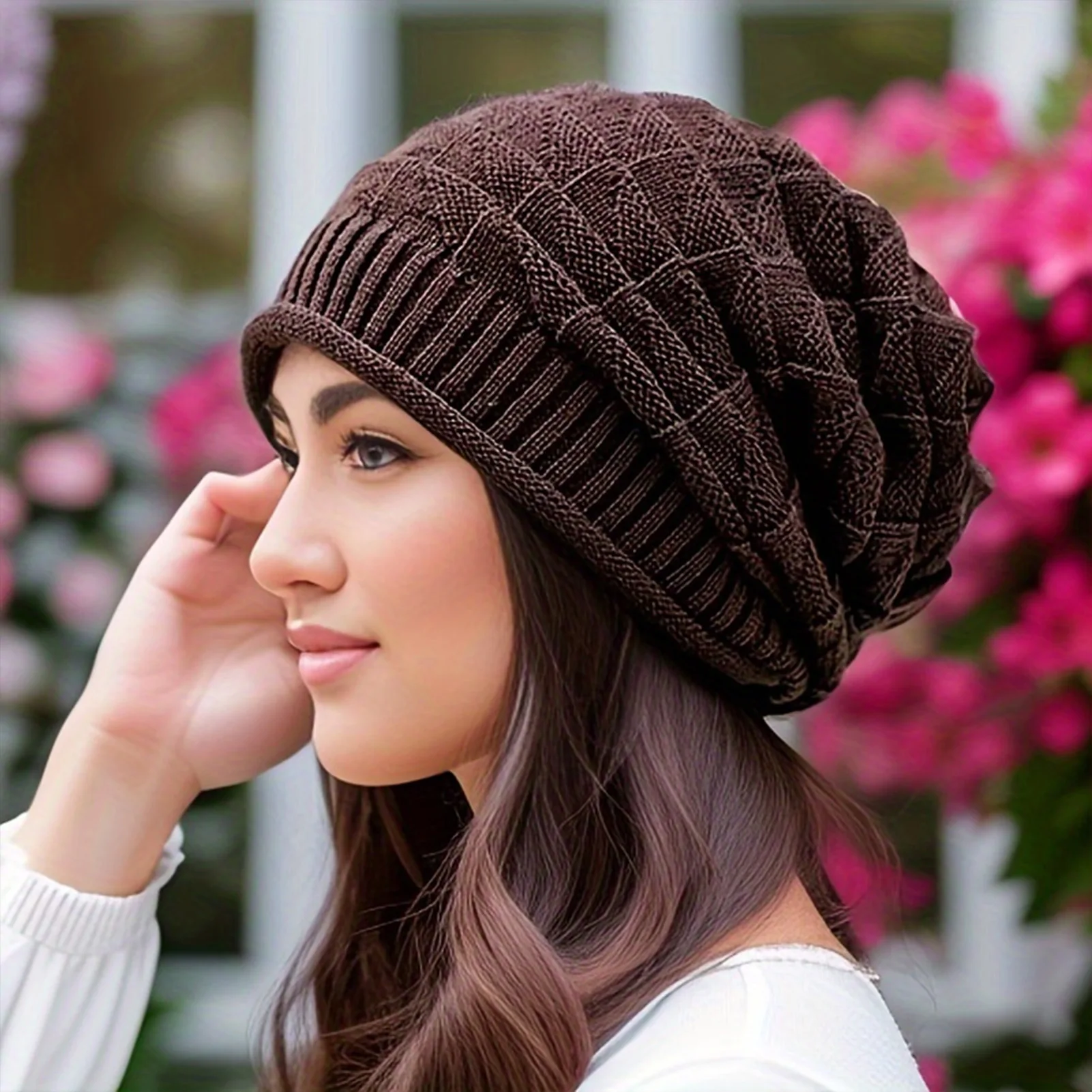 1 Piece Slouchy Beanie Hat Stylish Plaid Knit Skull Cap for Adults Winter Warm Windproof Ear Cover
