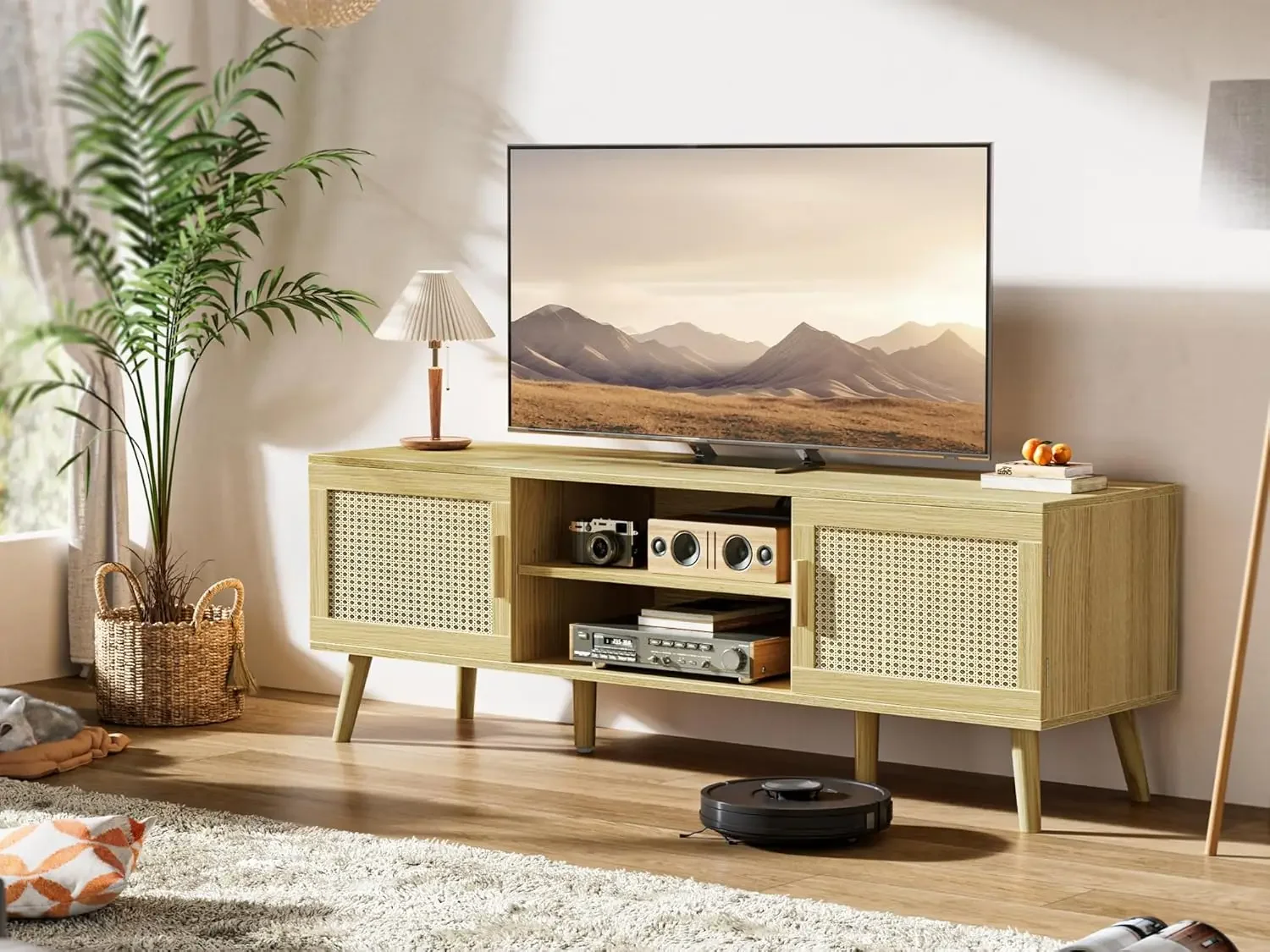 TV Stand for 65 Inch , Entertainment Center with Adjustable Shelf, Rattan TV Console with 2 Cabinets, Media Console, Solid Wood