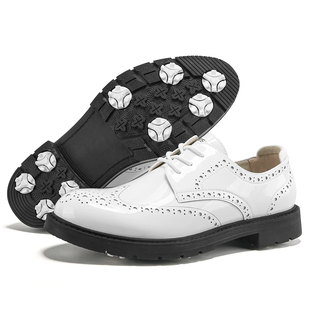 

Men Women Leather Golf Shoes Big Size Athletic Trainers in Red Blue Unisex Outdoor Flat Walking Sneakers