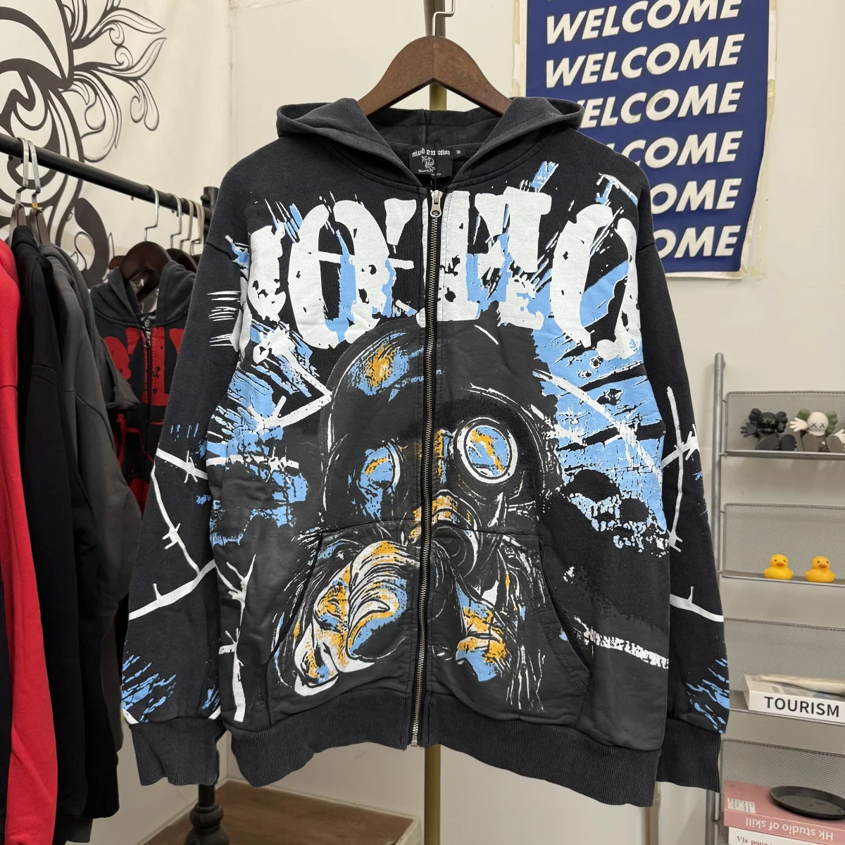 

Retro Distred American High Street Skull Dog Letter Print Hoodie ex Long Sve Sweatirt Youth Casual Faion