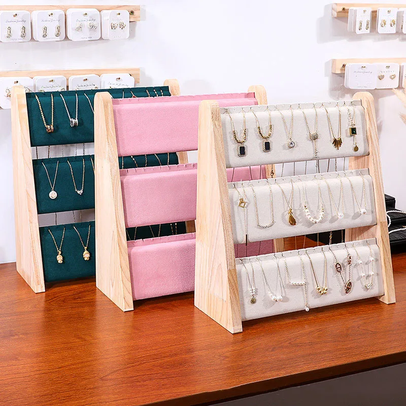 

3 Layers Wood Slope Shape Jewelry Necklace Pendant Display Organizer Stand Holder Rack Showcase Tray