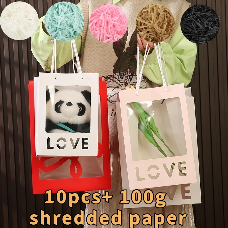 10pcs English Letters LOVE Semi-transparent Window Bag Plus 100g Shredded Paper Birthday Doll Flowers Christmas Gift Decoration