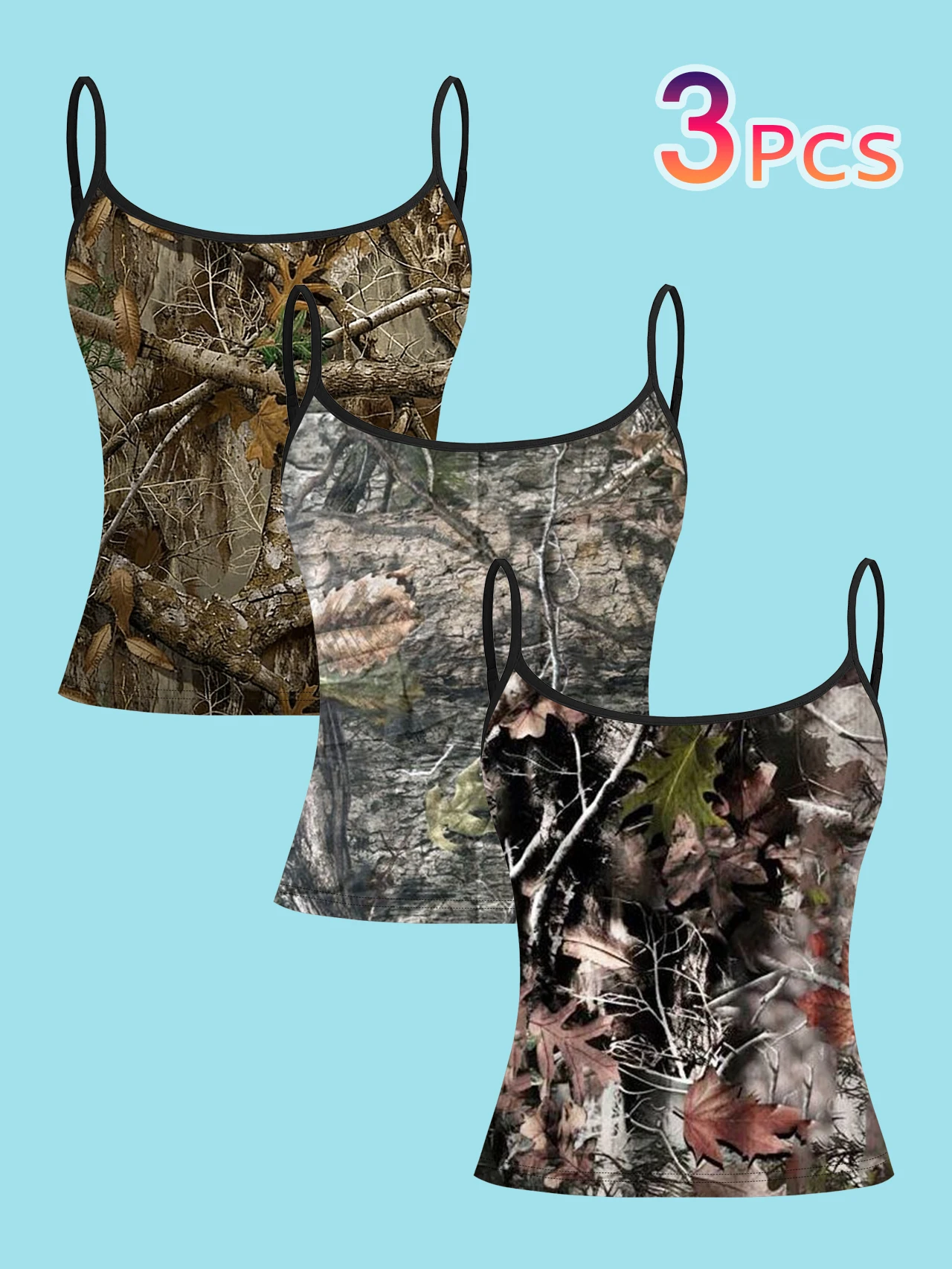 3-Piece Set: Brown, Yellow, Gray, Stone Red, and Brown Three-Tone Tree Branch and Leaf Camouflage Print Women's Camisole, Summer Slim-Fit Short Base Layer, Outerwear Top