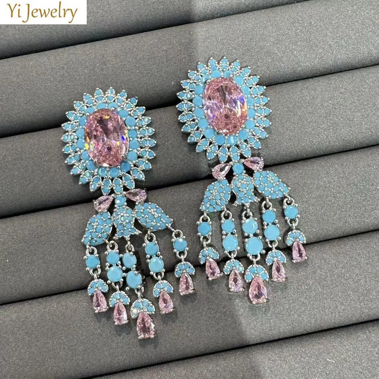 

blue pink zirconia earrings for women luxury jewelry evening party shiny dangling earrings silver color anniversary gift female