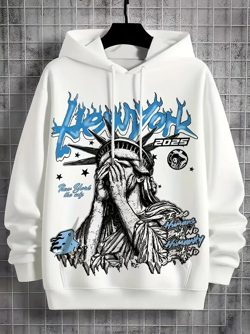 

Fashionable new men's autumn Statue of Liberty print soft and comfortable hooded sweatshirt outdoor street style top
