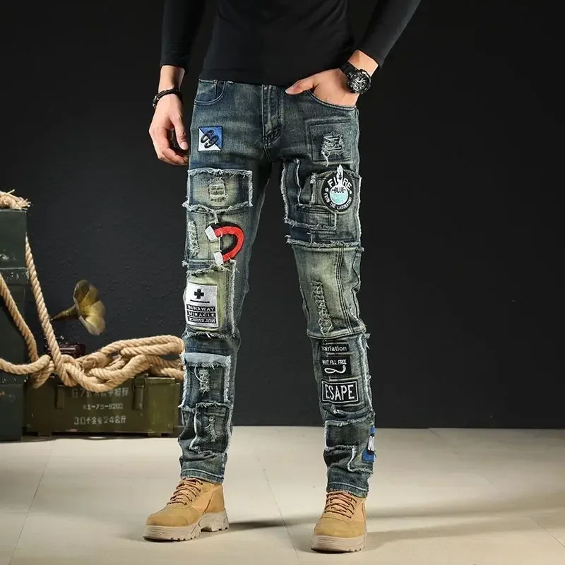 Men's Jeans Skinny Torn Trousers Tight Pipe Man Cowboy Pants with Holes Elastic Ripped Stretch Embroidery Slim Fit Broken Luxury