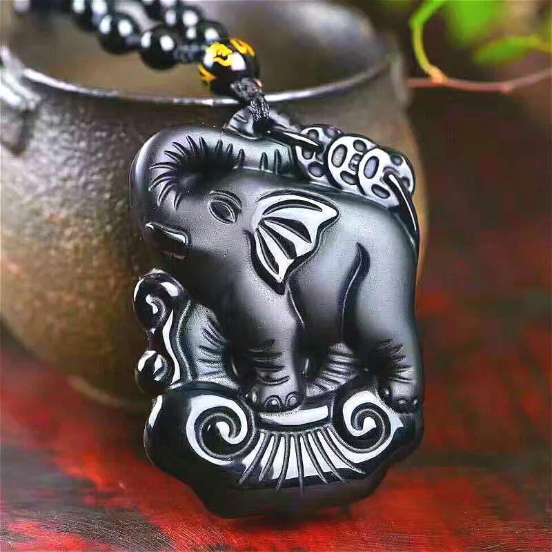 

Natural Black Obsidian Elephant Pendant Beads Necklace Fashion Charm Jewellery Hand-Carved Ruyi Amulet Gifts for Her Women Men