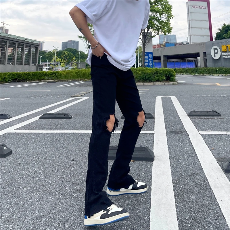 Hollow Out Jeans Men Japanese Style Pure Color Hip Hop Normcore Ripped Slim Ankle Length High Street Fashion Spring Summer 2023