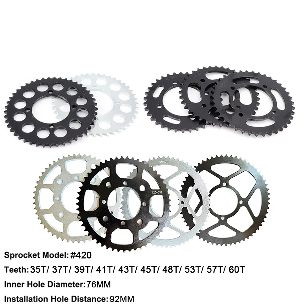 Cadena de motocicleta 420, piñón trasero 35/37/39/41/43/45/48/51/53/57/60T, ID 76mm, para motos de cross, quads y ATV de 50, 70, 90, 110, 125 y 250cc