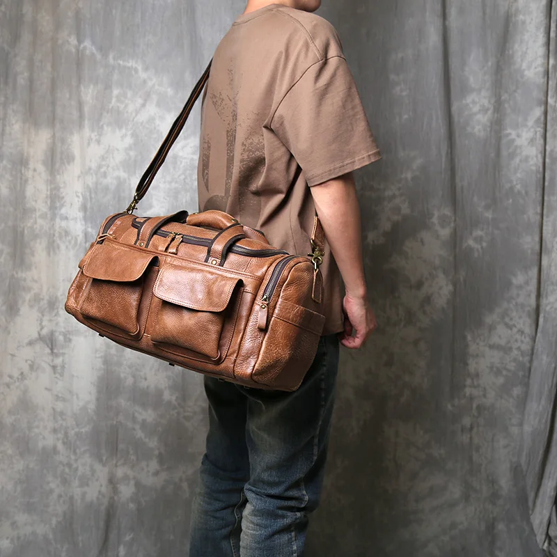 Vintage Large Capacity Men\'s Top Layer Cowhide Travel Bag Genuine Leather Crossbody Bag Hand-Held Short Distance Luggage Bag