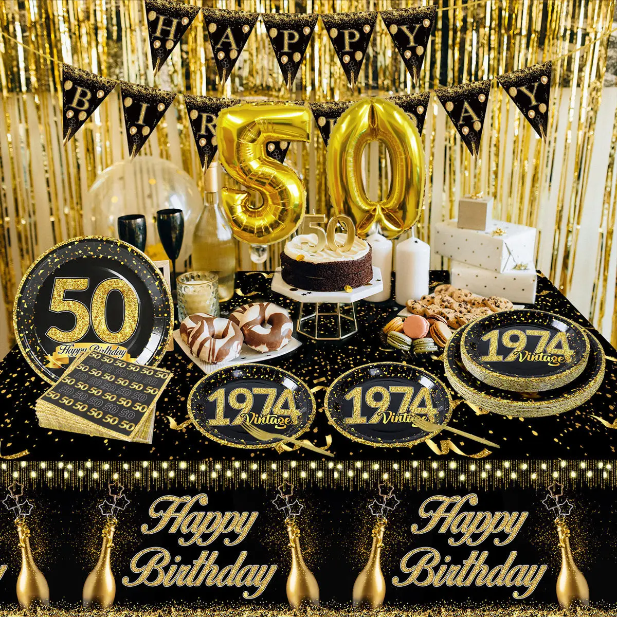 50th Black Gold Birthday Disposable Tableware Paper Plate Towels 50 Birthday Party Decoration 50th Birthday Birthday Anniversary