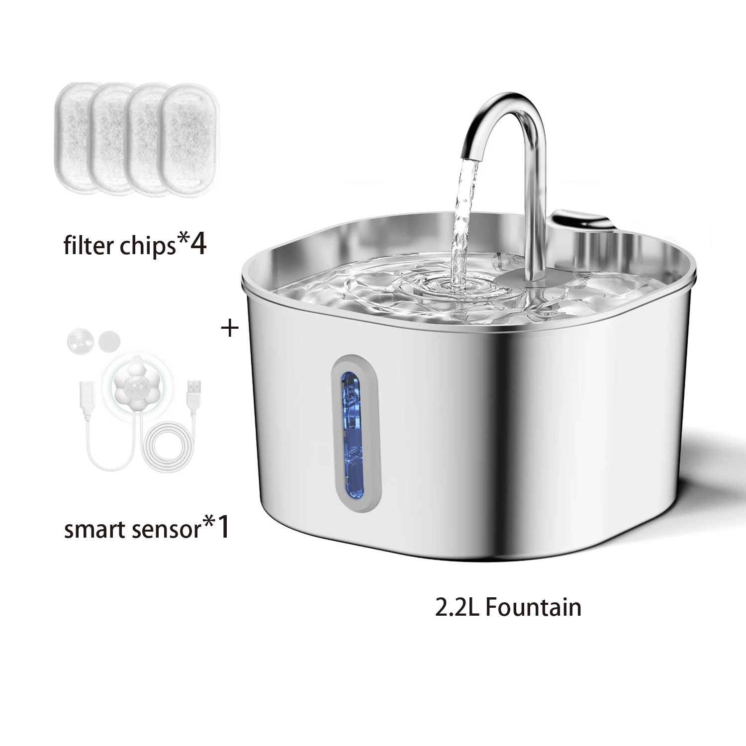 ZYFeeder 2.2L Automatische Kat Waterfontein Vierkant Roestvrij Staal Huisdier Water Feeder Hond Waterfontein met venster (Geen 5V 1A Plug)