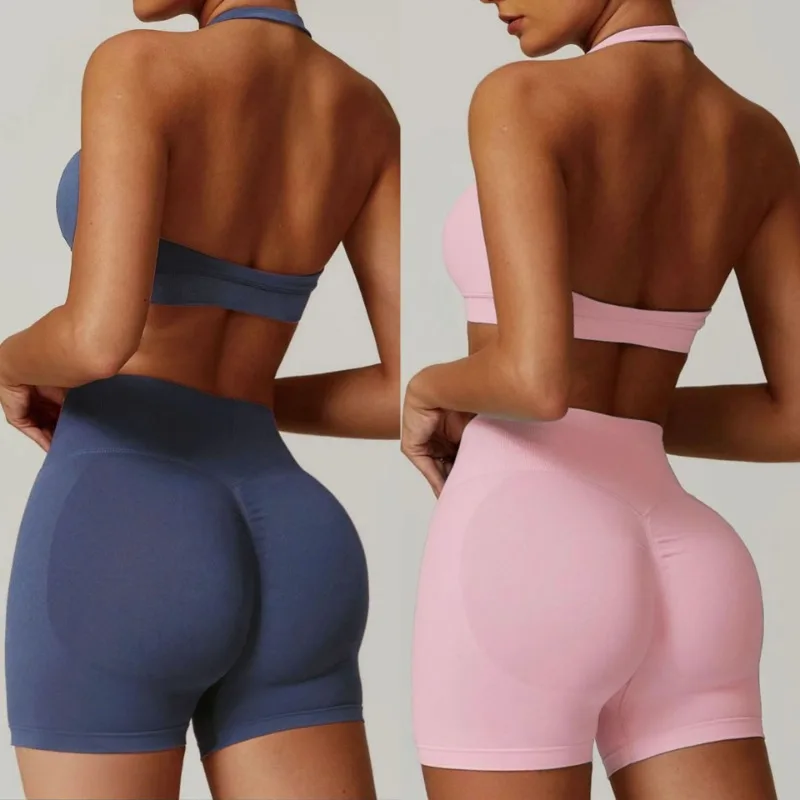 

Women's 2-Piece Yoga Suit Color Fitness Set High Waist Hip Lifting Tight Yoga Shorts Sexy Backless Umbilical Cord Chest Mat Bra