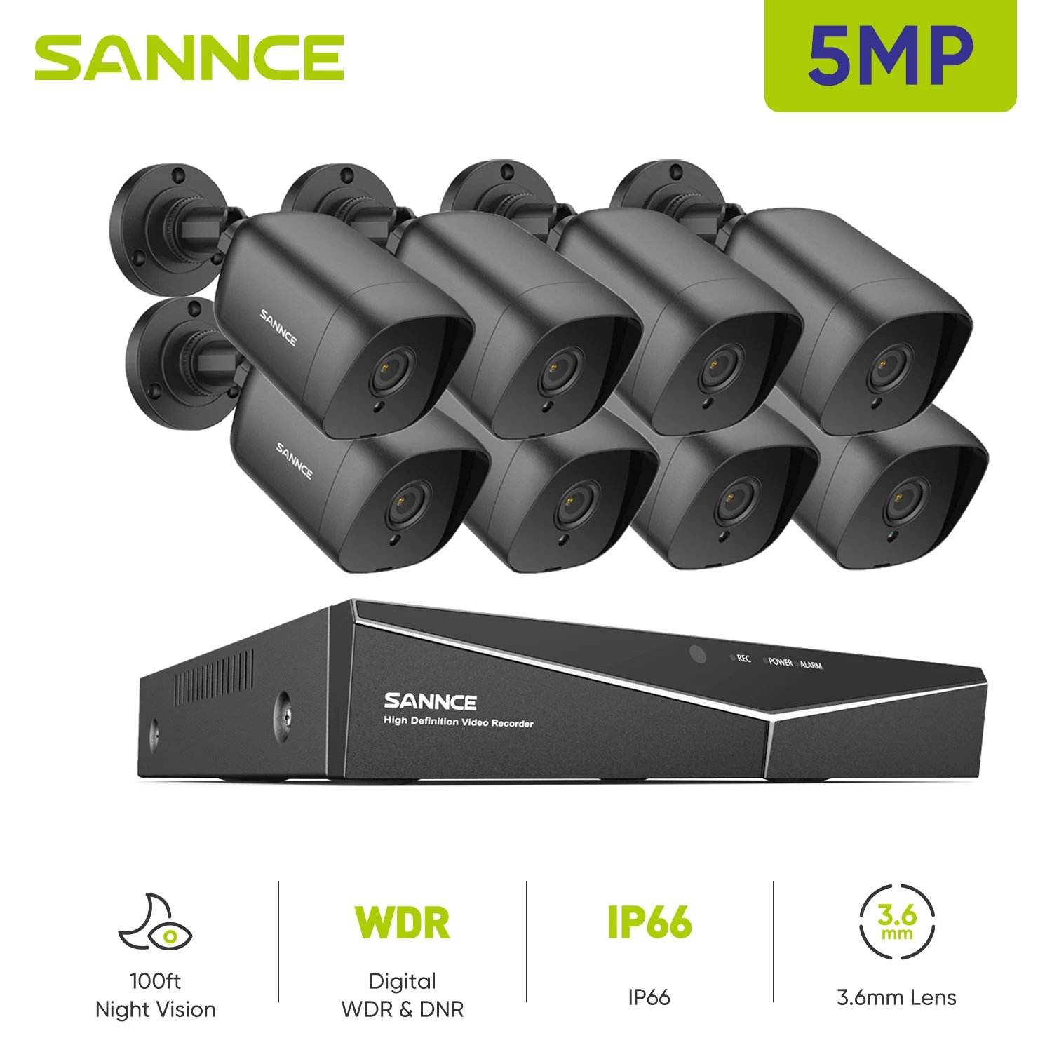 SANNCE 8CH 5MP-N HD DVR Home Security Camera System 8pcs 5MP AI Human Detection IP66 Outdoor Cameras Surveillance CCTV Kit