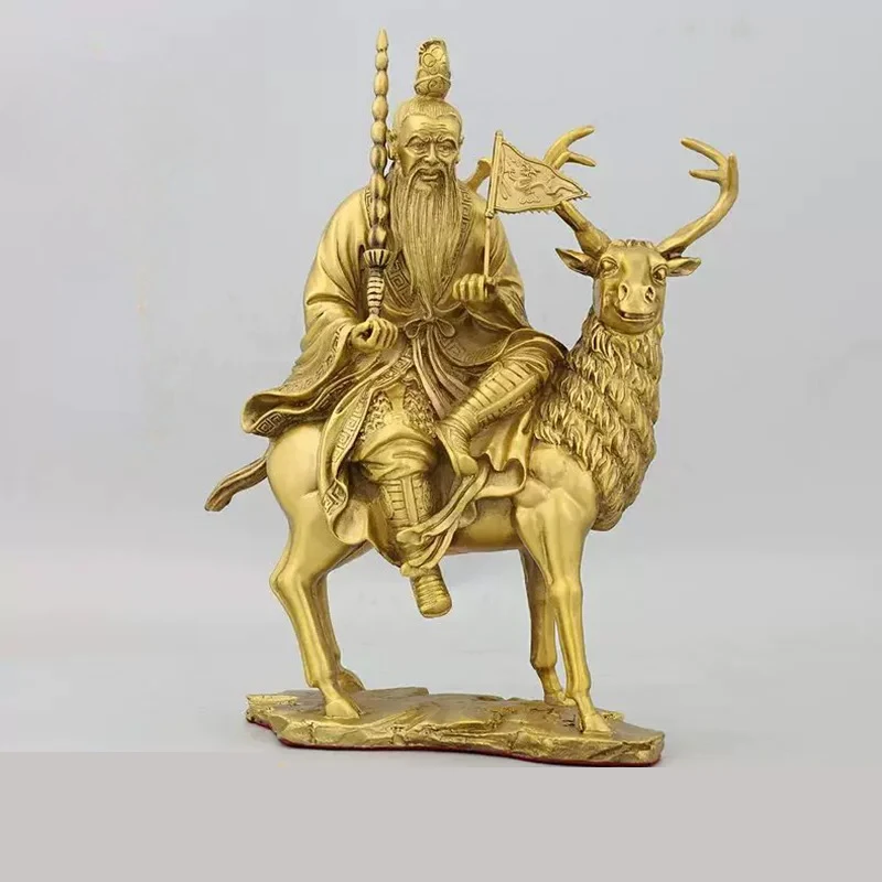 Pure Brass Attracting Wealth Jiang Ziya Statue Riding Deer with God-Striking Whip Taoist Deity for Home