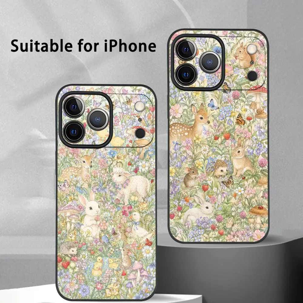 

Retro Whimsical Forest Baby Animals Phone Case For IPhone 17 16 15 14 13 12 11 Pro Max Plus Mini Black Frosted Soft Shell Funda
