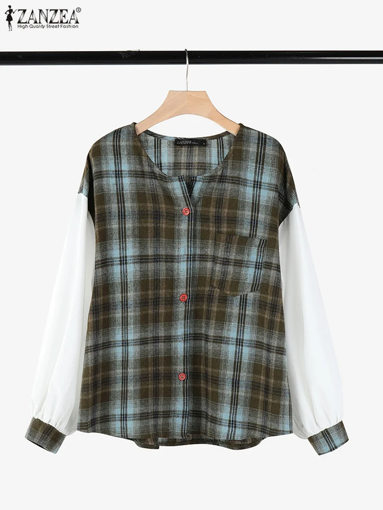 ZANZEA-camisa de manga larga de retales con estilo para mujer, blusa a cuadros, informal, Vintage, para vacaciones, Top de fiesta para mujer 2025