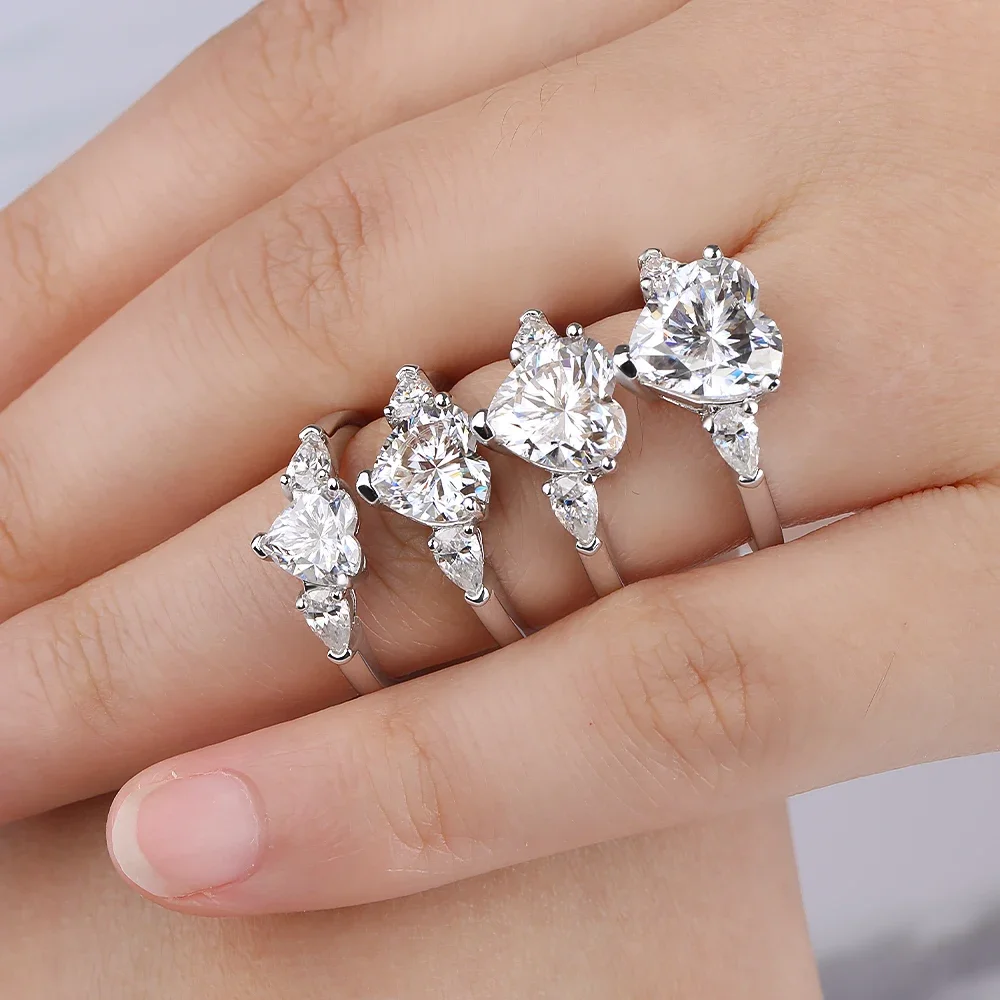 NKHOG 1/2/3/4CT Heart Shape Moissanite Rings Women S925 Silver Three Diamond Wedding Gifts Band 18K Plated Pass Test Jewelry GRA