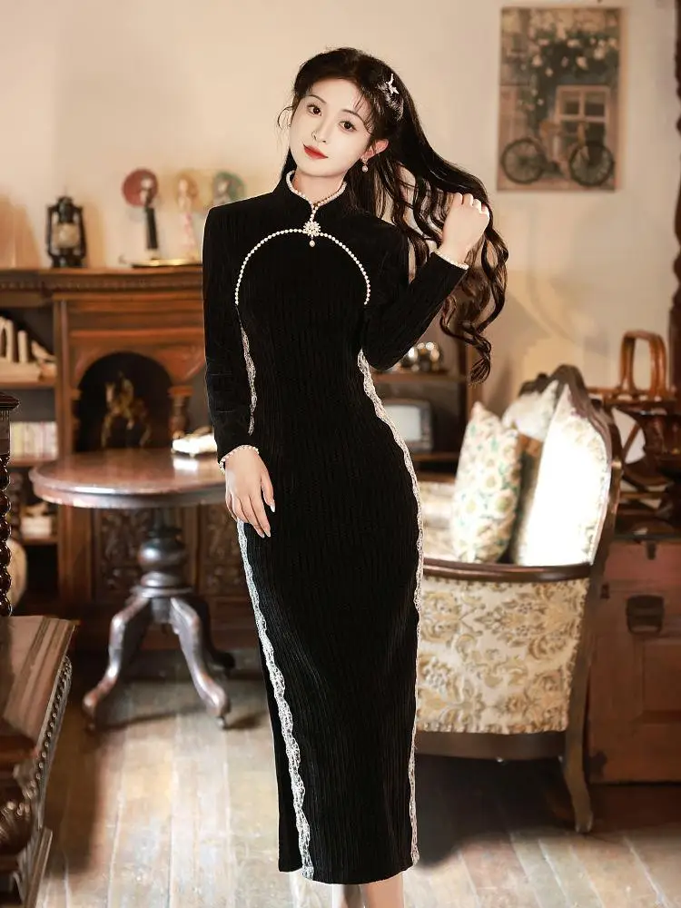 

Chinese Clothing Festival Cheongsam Woolen Thickened Cheongsam Women Winter Improved 2023 New Long Sleeve Elegant Vintage Dress