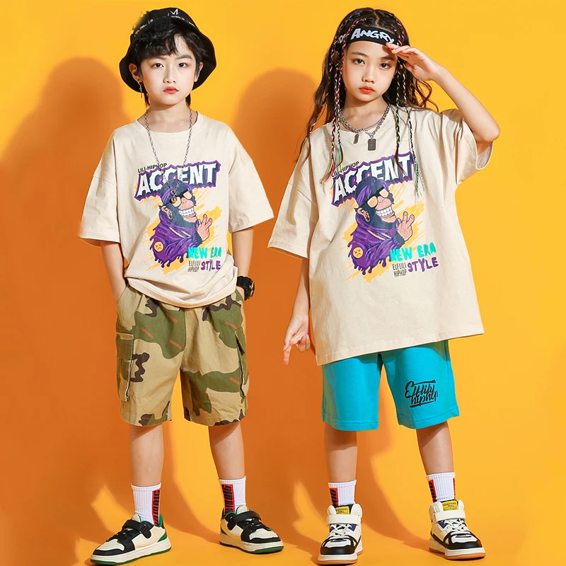 Girls Boys Jazz Dance Costumes Kids Hip Hop Clothes Short Sleeved Top Camouflage Shorts Kpop Outfit Street Dancewear SL7077