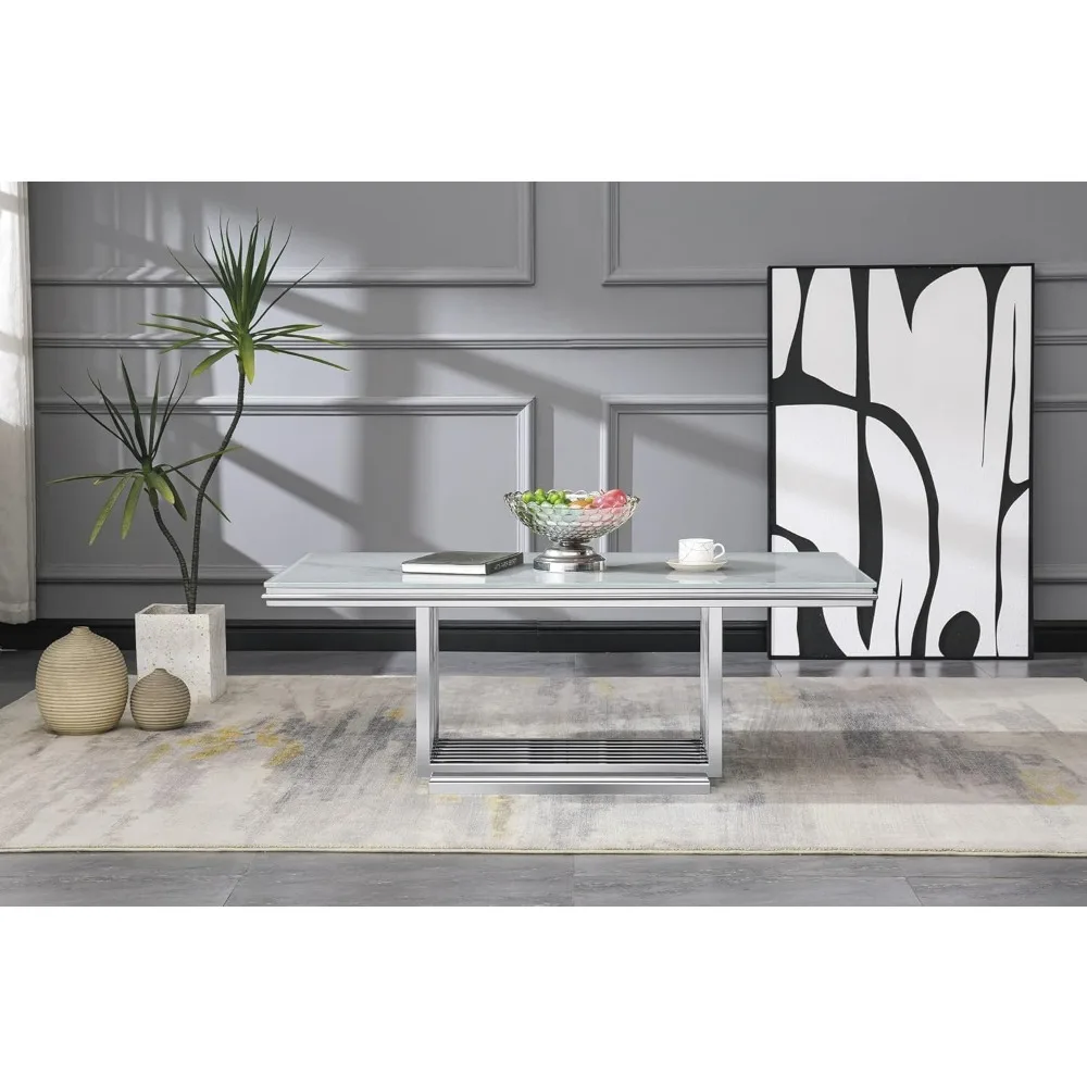 Coffee Table, 50" Silver Living Room Coffee Table with Gorgeous Glass Top and Mirrored Stainless Steel Metal Slatted Base