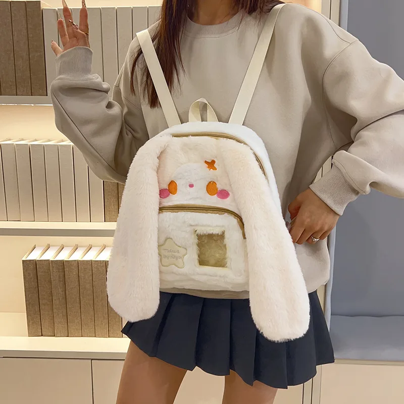 Sweet Cute Long Ear Rabbit Backpack Women Plush Large Capacity Student School Bag Ladies Korean Cartoon Versatile Girl Gift