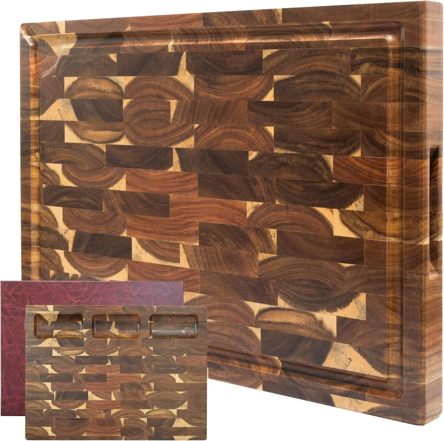 

End Grain Cutting Board - Acacia Wood Double-Sided Butcher Block for Kitchen with Juice Groove & 3 Pockets, Durable Wood