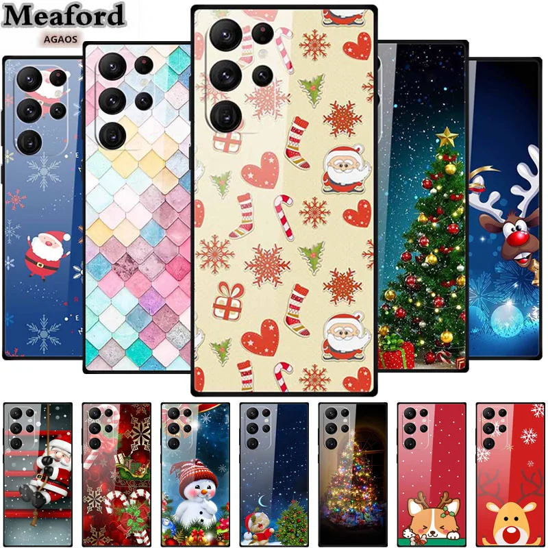 

For Samsung S23 Ultra Glass Case Christmas Tempered Cover Hard Cases for Samsung Galaxy S23 Plus Funda Gift Cat SamsungS23 Capa