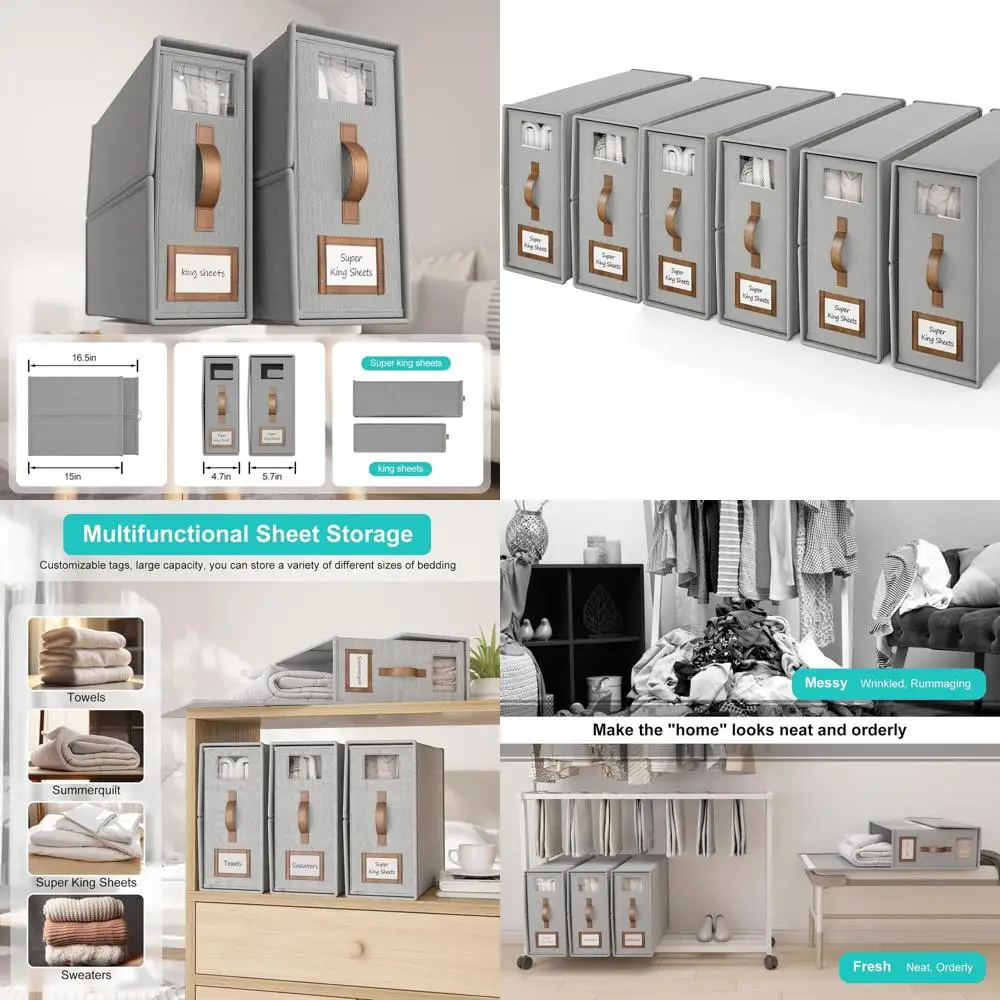 

Collapsible Cal King Bed Sheet Set Organizer with Window, Gray Linen Storage Box for Bedding and Sheets