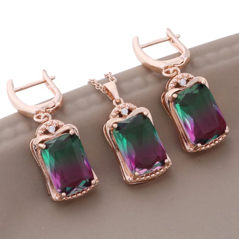 Trend 2023 Square Natural Zircon Drop Earrings Sets 585 Rose Gold Color Jewelry Sets for Women Luxury Quality Jewelry