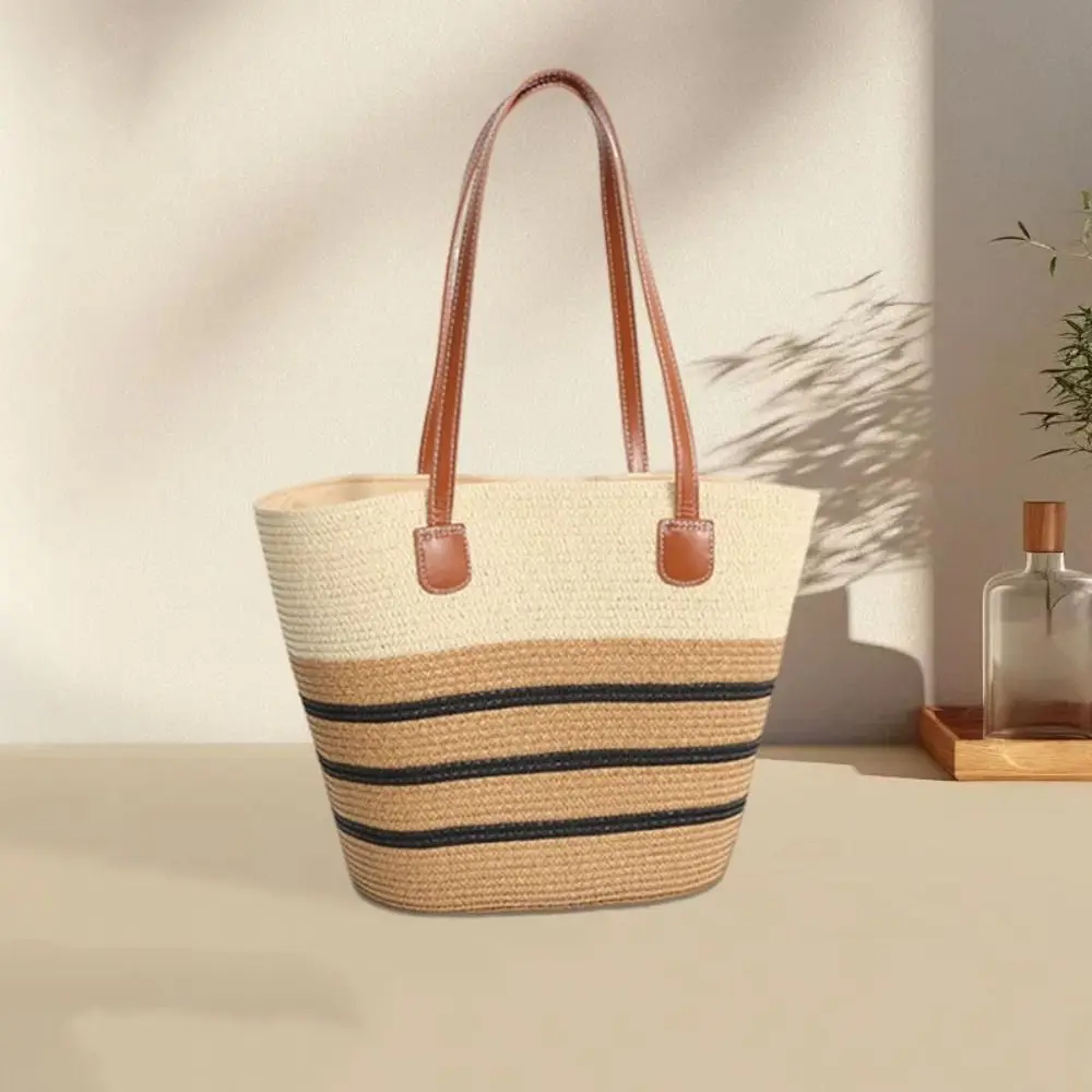 

Fashion Straw Tote Bag Stripe Large Capacity Woven Hat Zipper Square Woven Shoulder Bag Vacation Lady's Handbag