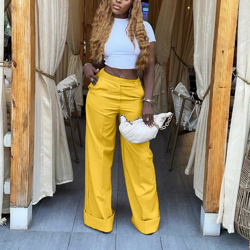 Women's Solid Color High Waist Wide Leg Pants Cuffed Hem Button Closure Pockets Design Office Work & Casual Streetwear Outfit