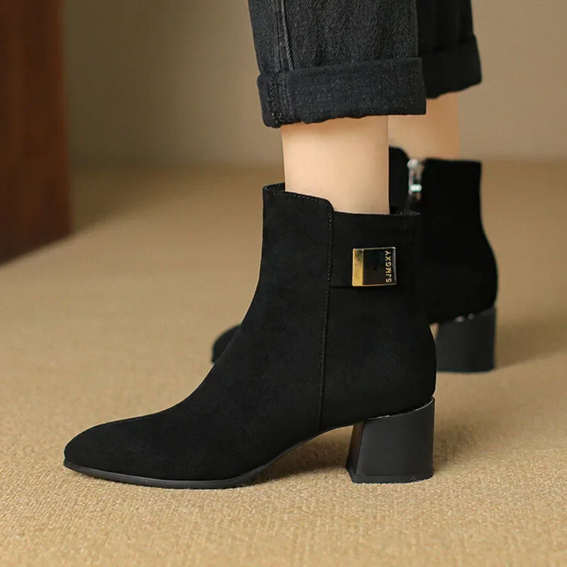 

Phoentin Suede Ankle Boots For Women 2024 Autumn Elegant Shoes Zip Up Medium Heels Pointed Toe Black Color Plus Size FT3738